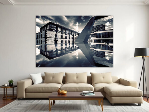KPML_061_Gespiegelte-Severinsbruecke_Rheinauhafen-Kranhaeuser-Koeln-Kunstdruck-Wandansicht-Wohnzimmer-5