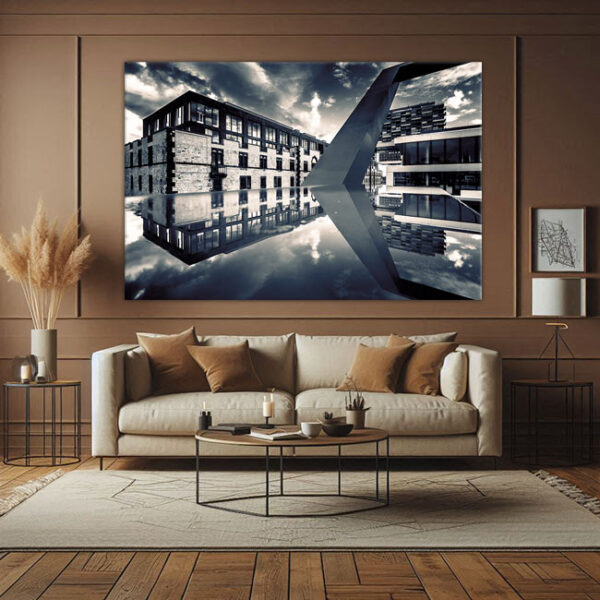 KPML_061_Gespiegelte-Severinsbruecke_Rheinauhafen-Kranhaeuser-Koeln-Kunstdruck-Wandansicht-Wohnzimmer-1