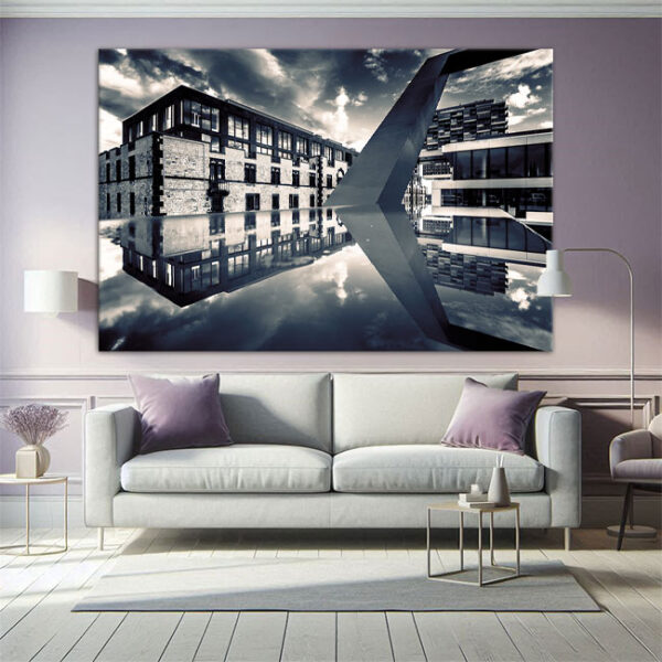 KPML_061_Gespiegelte-Severinsbruecke_Rheinauhafen-Kranhaeuser-Koeln-Kunstdruck-Wandansicht-Wohnzimmer-2