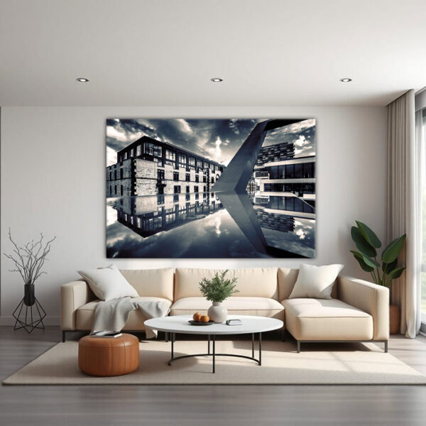 KPML_061_Gespiegelte-Severinsbruecke_Rheinauhafen-Kranhaeuser-Koeln-Kunstdruck-Wandansicht-Wohnzimmer-4