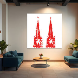 KPDS_001_Domspitze-rot-auf-weiss-Stencil-popart-koelner-dom-Wandansicht-Wohnzimmer-1