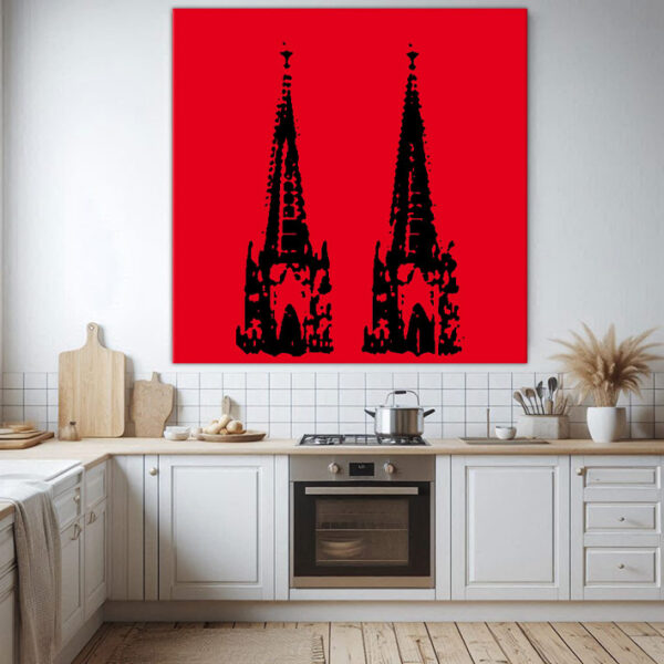 KPDS_002_Domspitze-schwarz-auf-rot-Stencil-popart-koelner-dom-Wandansicht-Kueche-1