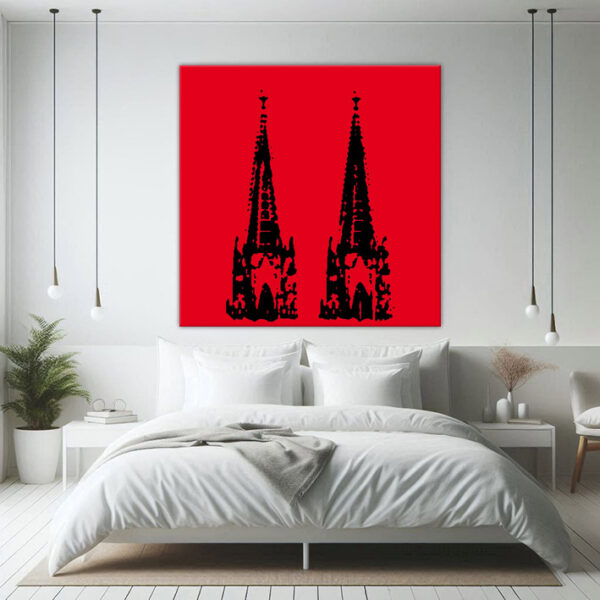 KPDS_002_Domspitze-schwarz-auf-rot-Stencil-popart-koelner-dom-Wandansicht-Schlafzimmer-1