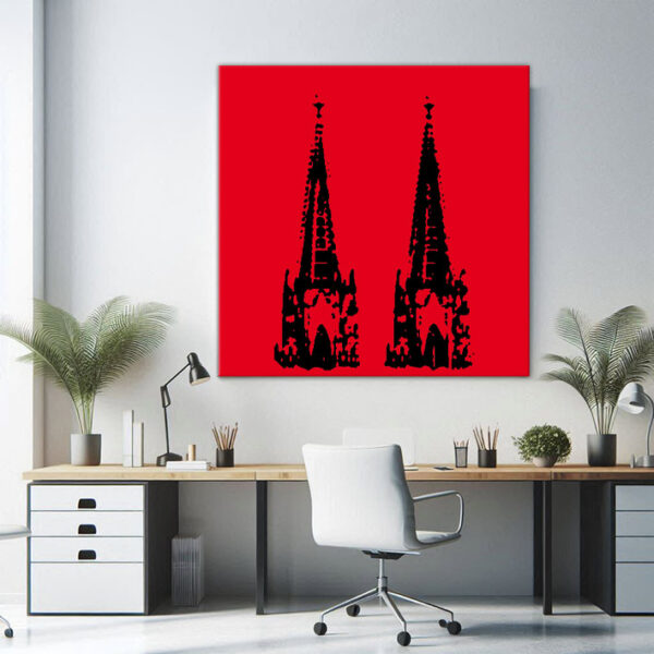 KPDS_002_Domspitze-schwarz-auf-rot-Stencil-popart-koelner-dom-Wandansicht-Buero-1