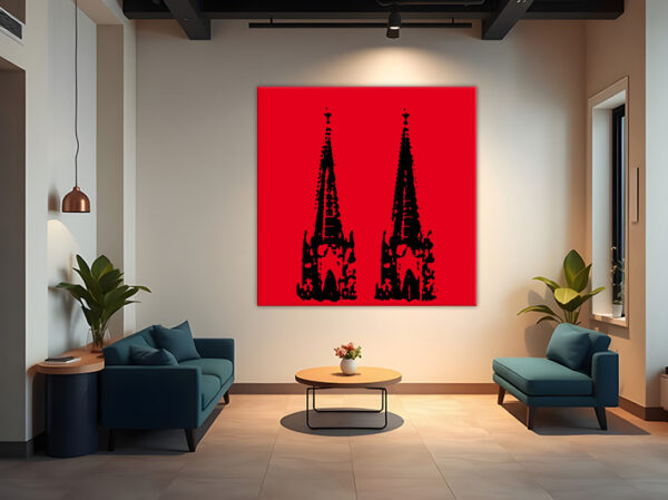 KPDS_002_Domspitze-schwarz-auf-rot-Stencil-popart-koelner-dom-Wandansicht-Wohnzimmer-1