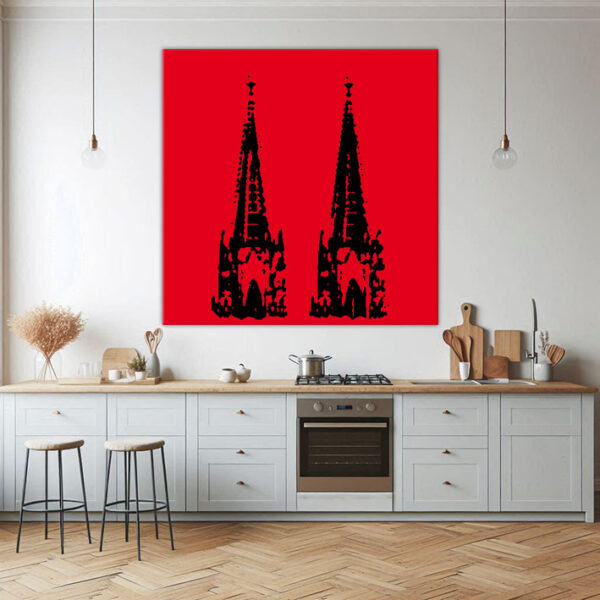 KPDS_002_Domspitze-schwarz-auf-rot-Stencil-popart-koelner-dom-Wandansicht-Kueche-2