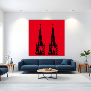 KPDS_002_Domspitze-schwarz-auf-rot-Stencil-popart-koelner-dom-Wandansicht-Wohnzimmer-2