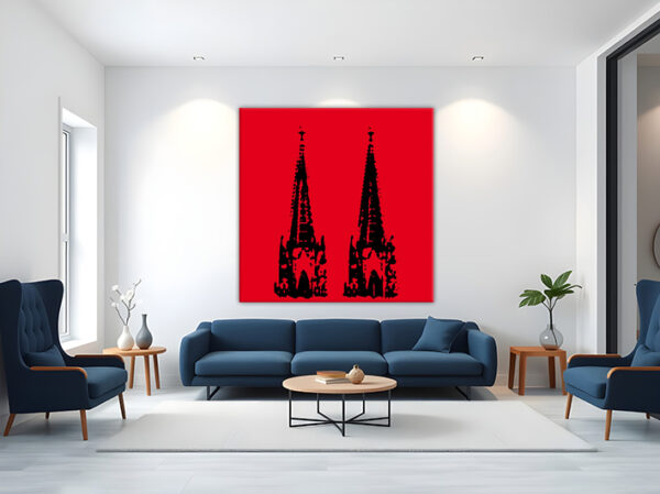 KPDS_002_Domspitze-schwarz-auf-rot-Stencil-popart-koelner-dom-Wandansicht-Wohnzimmer-2