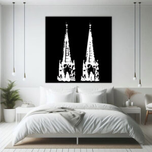 KPDS_002_Domspitze-weiss-auf-schwarz-Stencil-popart-koelner-dom-Wandansicht-Schlafzimmer-1