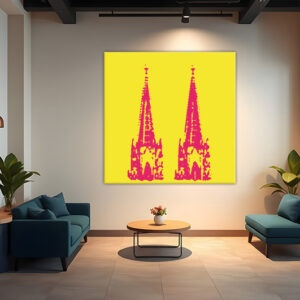 KPDS_004_Domspitze-pink-auf-gelb-Stencil-popart-koelner-dom-Wandansicht-Wohnzimmer-1