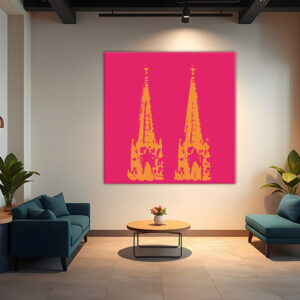 KPDS_006-Domspitzen-orange-auf-pink-Koelner-Dom-Stencil-Druck-Wandansicht-Wohnzimmer-1