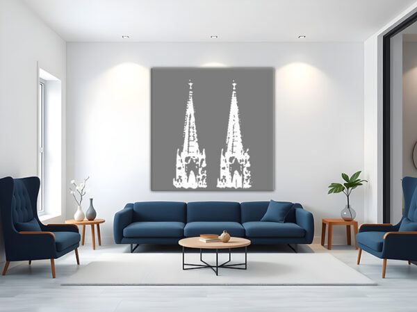 KPDS_007-Domspitzen-weiss-auf-grau-Koelner-Dom-Stencil-Druck-Wandansicht-Wohnzimmer-2