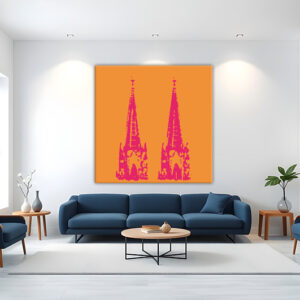 KPDS_010_Domspitze-pink-auf-orange-Stencil-popart-koelner-dom-Wandansicht-Wohnzimmer-1