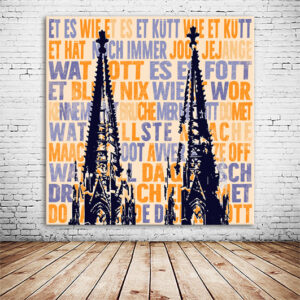 Pop-Art-Wandbild mit der Silhouette des Kölner Doms vor orangefarbenem Hintergrund mit Kölsch-Versen in Nachtblau und Orange
