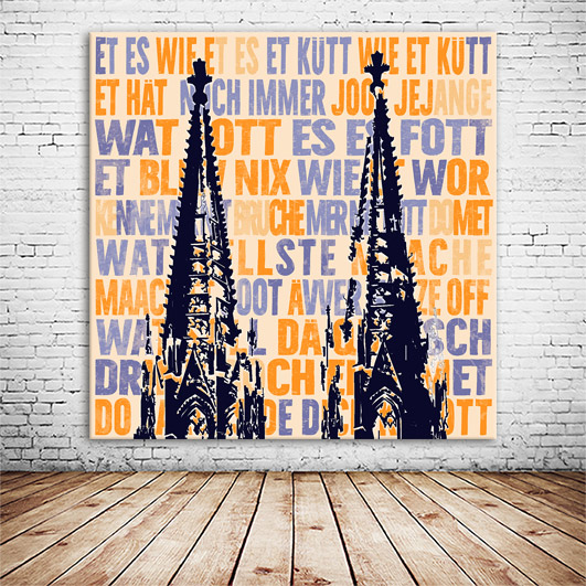 Pop-Art-Wandbild mit der Silhouette des Kölner Doms vor orangefarbenem Hintergrund mit Kölsch-Versen in Nachtblau und Orange
