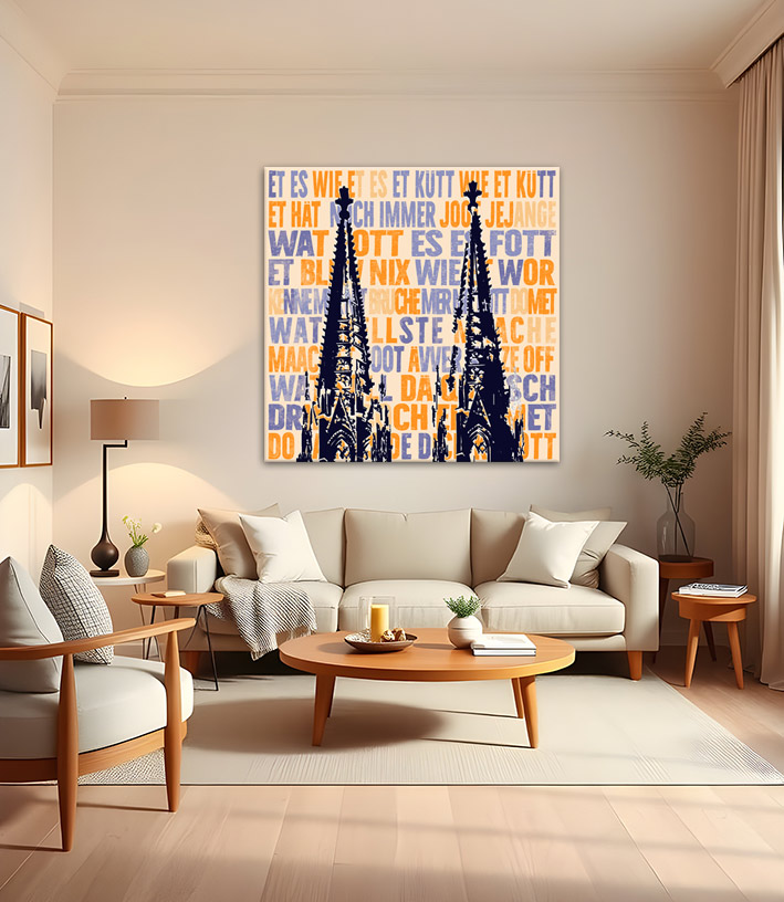 Pop-Art-Wandbild mit der Silhouette des Kölner Doms vor orangefarbenem Hintergrund mit Kölsch-Versen in Nachtblau und Orange