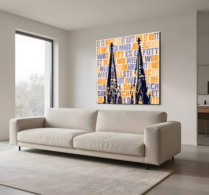 Pop-Art-Wandbild mit der Silhouette des Kölner Doms vor orangefarbenem Hintergrund mit Kölsch-Versen in Nachtblau und Orange