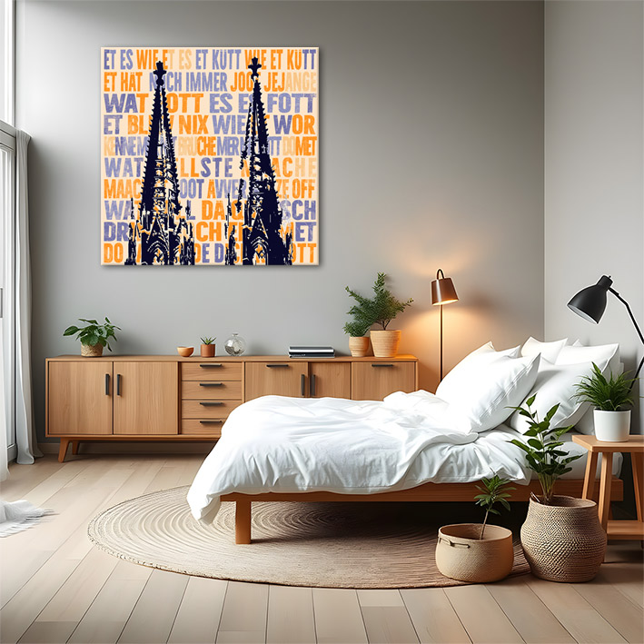 Pop-Art-Wandbild mit der Silhouette des Kölner Doms vor orangefarbenem Hintergrund mit Kölsch-Versen in Nachtblau und Orange