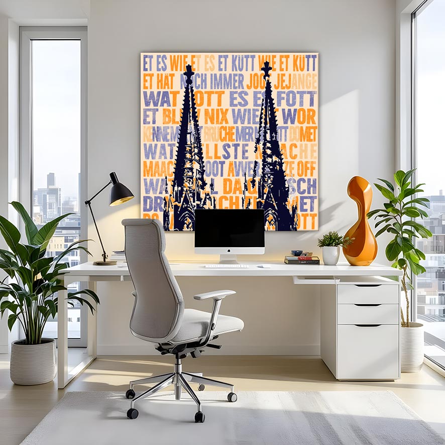 Pop-Art-Wandbild mit der Silhouette des Kölner Doms vor orangefarbenem Hintergrund mit Kölsch-Versen in Nachtblau und Orange