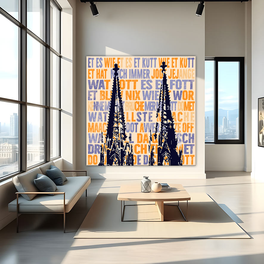 Pop-Art-Wandbild mit der Silhouette des Kölner Doms vor orangefarbenem Hintergrund mit Kölsch-Versen in Nachtblau und Orange
