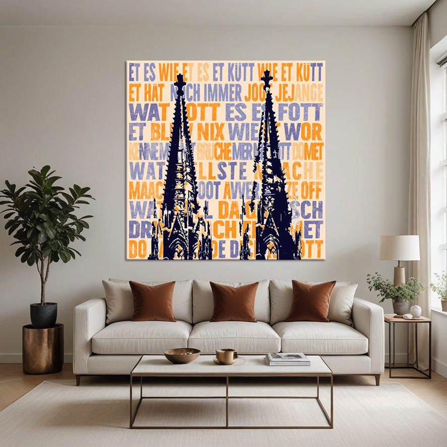 Pop-Art-Wandbild mit der Silhouette des Kölner Doms vor orangefarbenem Hintergrund mit Kölsch-Versen in Nachtblau und Orange