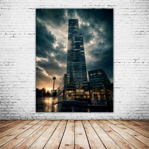 KPSU_003_Mediapark-Magie_Koeln-Fotografie_duester-und-geheimnisvoll_Wandansicht-1_Wandbild MEDIAPARK-MAGIE – Kölner Mediatower vor dramatischem Wolkenhimmel mit Spiegelung im nassen Pflaster, Stadtfotografie von Uwe & Sascha