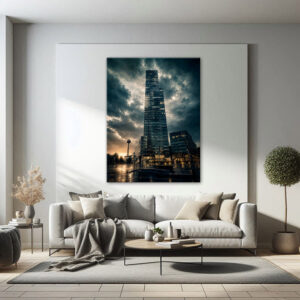 KPSU_003_Mediapark-Magie_Koeln-Fotografie_duester-und-geheimnisvoll_Wandansicht-Wohnzimmer_11_Wandbild MEDIAPARK-MAGIE – Kölner Mediatower vor dramatischem Wolkenhimmel mit Spiegelung im nassen Pflaster, Stadtfotografie von Uwe & Sascha